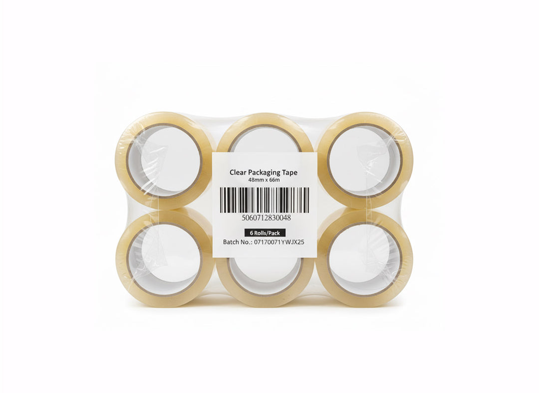 Clear Packaging Tape (48mm x 66m) — Acrylic Adhesive, Low-Noise, 6-Roll Pack, 32 Packs/Case