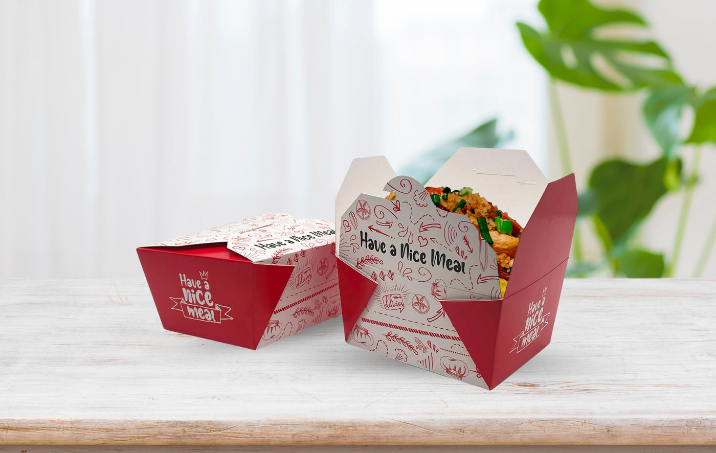 Takeaway printed rice box. Eco friendly takeaway boxes UK. 