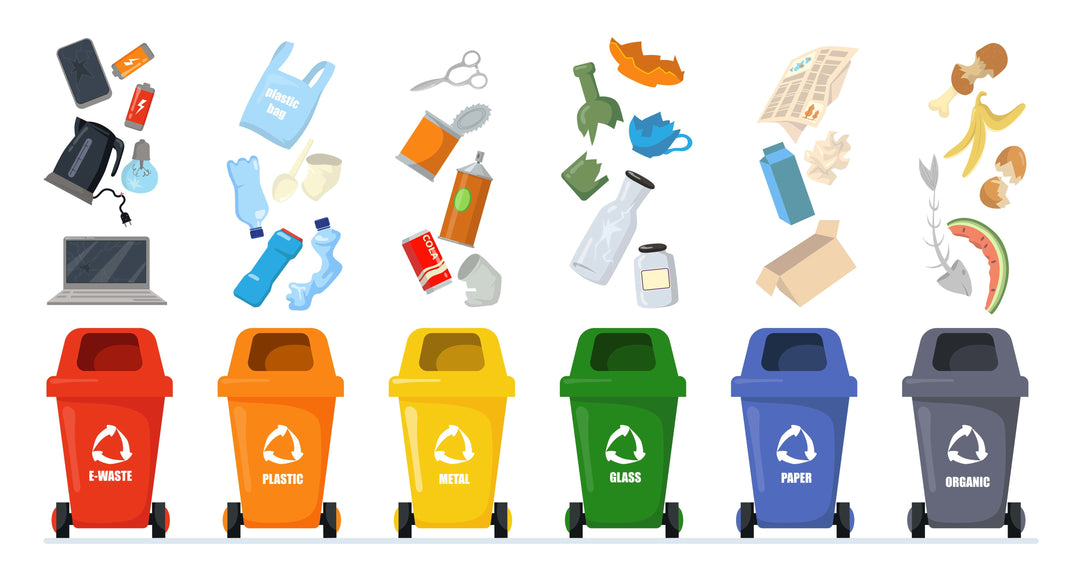 Drawing of recycling bins receiving waste