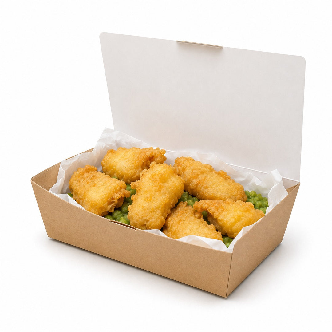 Kraft snack box filled with battered fish bites on mushy peas with a greaseproof paper liner