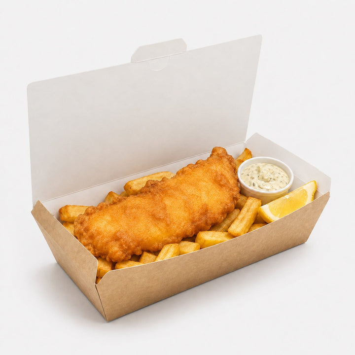 Large kraft fish and chip box filled with battered fish, chips, tartare sauce and a lemon wedge