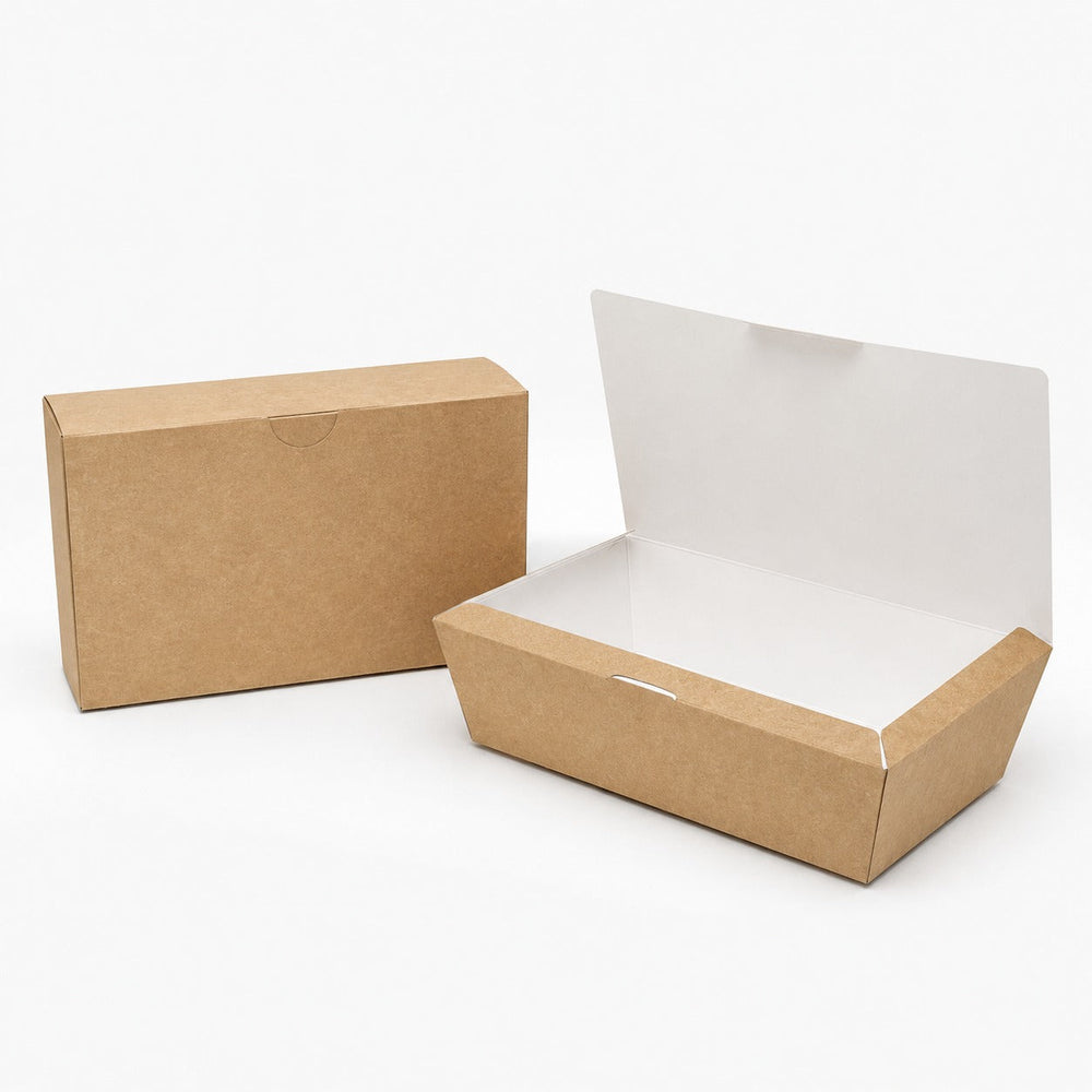 Kraft snack box 160x100x60mm shown closed and open, kraft outside with white food-safe interior