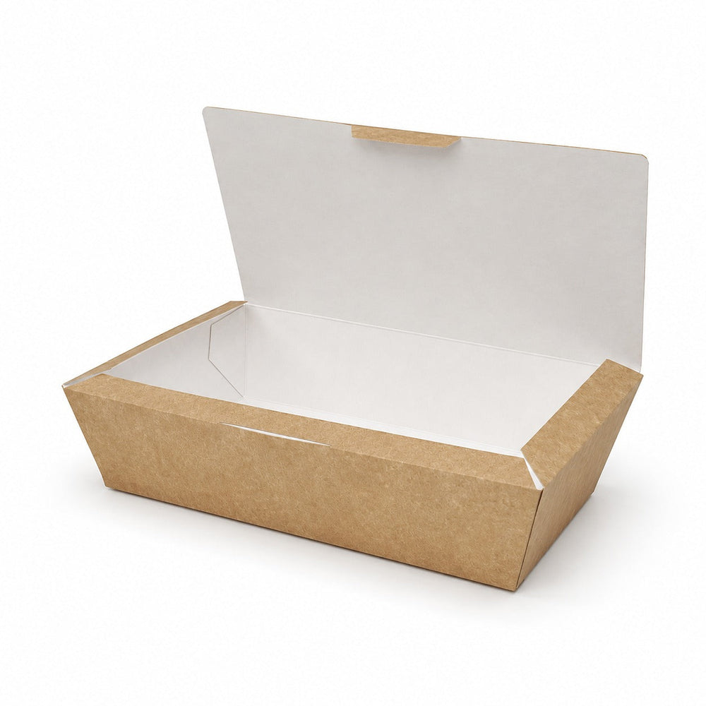 Greaseproof coated kraft fish and chip box shown open, with white food-safe inner lining