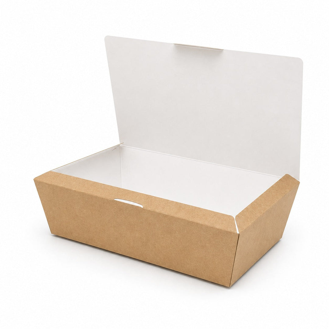 Open kraft snack box at an angle showing the hinged clamshell lid and white greaseproof lining