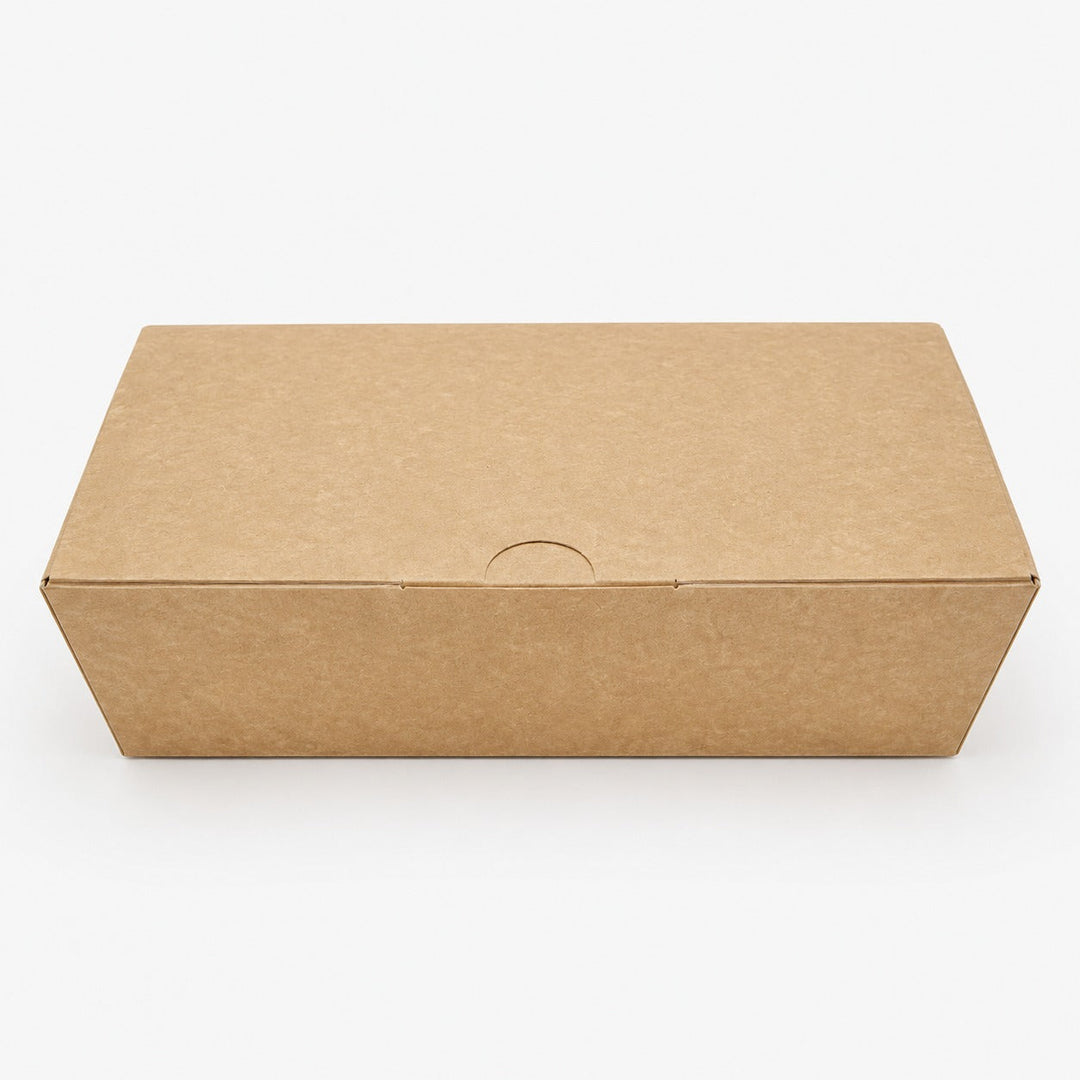 Kraft fish and chip box closed, showing the secure clamshell lid and tuck tab