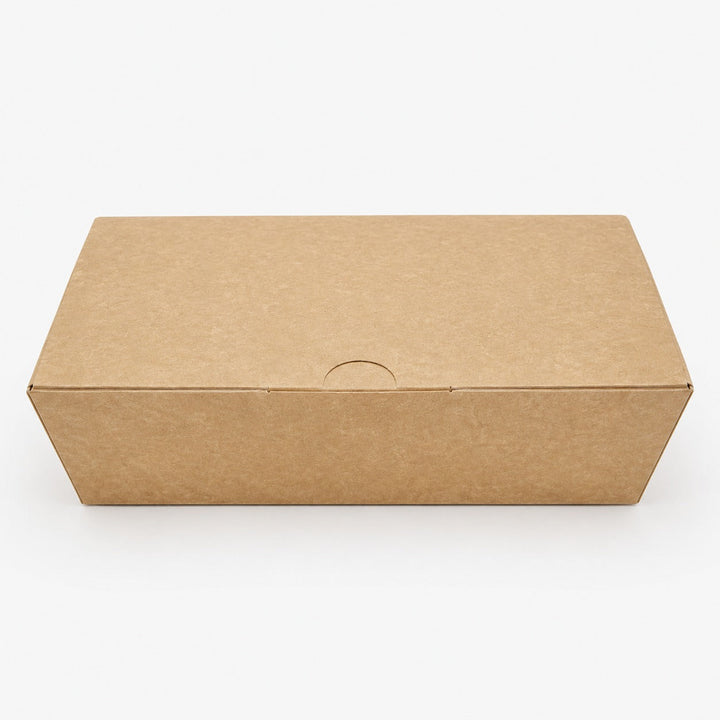 Kraft fish and chip box closed, showing the secure clamshell lid and tuck tab