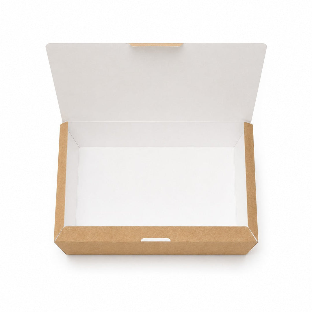 Top down view of the open 160x100x60mm kraft snack box showing the white greaseproof interior