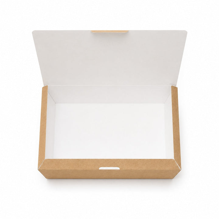 Top down view of the open 160x100x60mm kraft snack box showing the white greaseproof interior