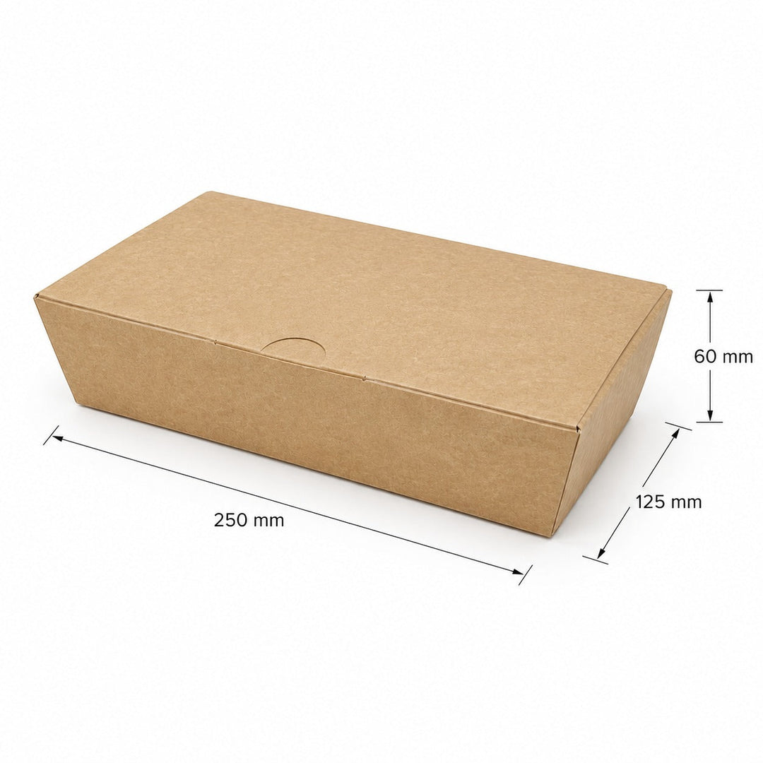 Dimensions diagram of the large kraft fish and chip box: 250 mm long, 125 mm wide, 60 mm high