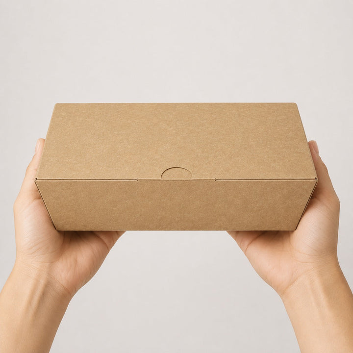 Kraft fish and chip box held in two hands to show its size, roughly a full fish supper portion