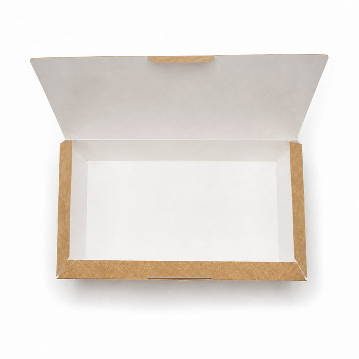 Top down view of the open kraft fish and chip box showing the white greaseproof interior