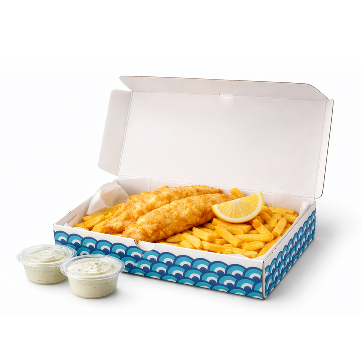 Cardboard Clamshell Fish and Chips Box - 90 pcs