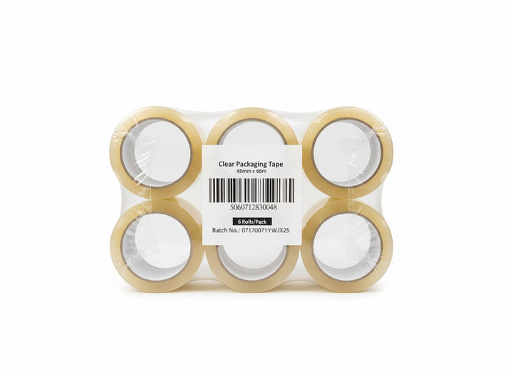 Clear Packaging Tape (48mm x 66m) — Acrylic Adhesive, Low-Noise, 6-Roll Pack,&nbsp;32 Packs/Case