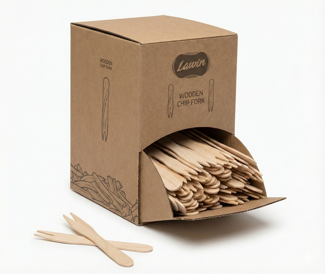 Takeaway Wooden Chip Forks with Dispenser Box
