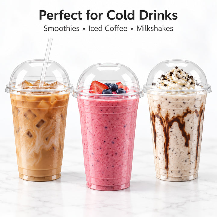 Clear PET smoothie cups with dome lids, 500 cups and 500 lids per box