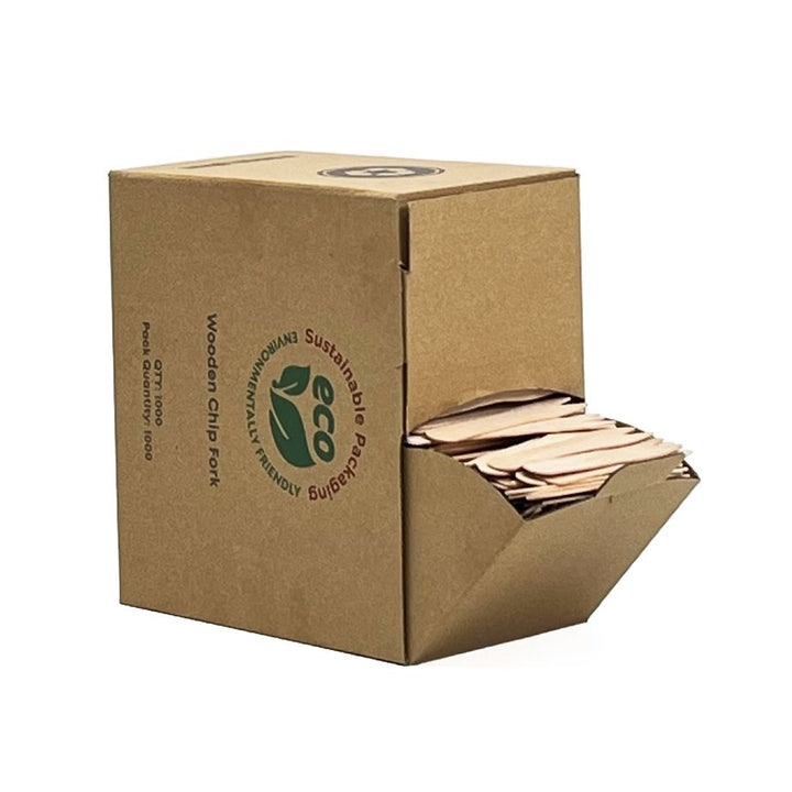 Takeaway Wooden Chip Forks with Dispenser Box